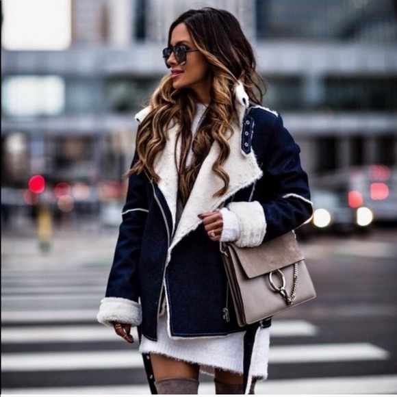 J.O.A Denim Biker Jacket With Faux Shearling Lining Women’s Size Small - Picture 2 of 9